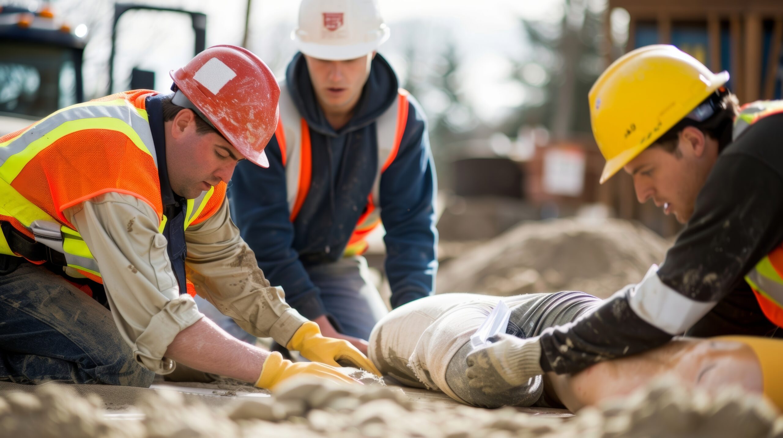 A construction worker demonstrating CPR techniques to their colleagues during a site first aid training